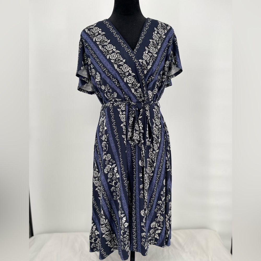 Loft Plus Nwt Flowering Vines navy faux wrap dress size 12T Navy & White‎